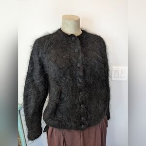Vintage Hand Knit Mohair Wool Cardigan Sweater Black  Woman's Size 1x 14/16